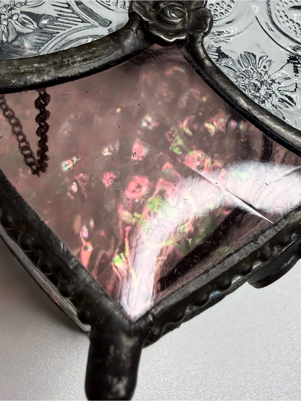 Heart Shaped Stained Glass Trinket Box - Iridescent Pink & Clear
